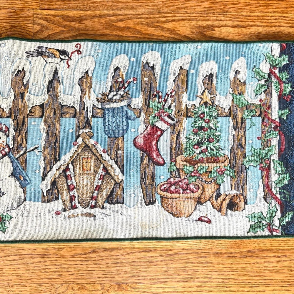Vintage Woven Tapestry Christmas Table Runner Snowman Birdhouse Winter Scene 36"